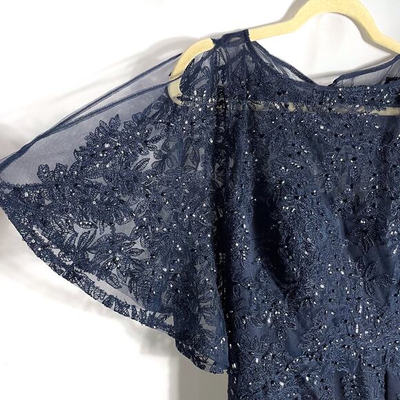 Teri Jon Emma Gown Navy Blue Sequin Lace Flutter Sleeves Side Slit Sz 2 - Picture 5 of 11